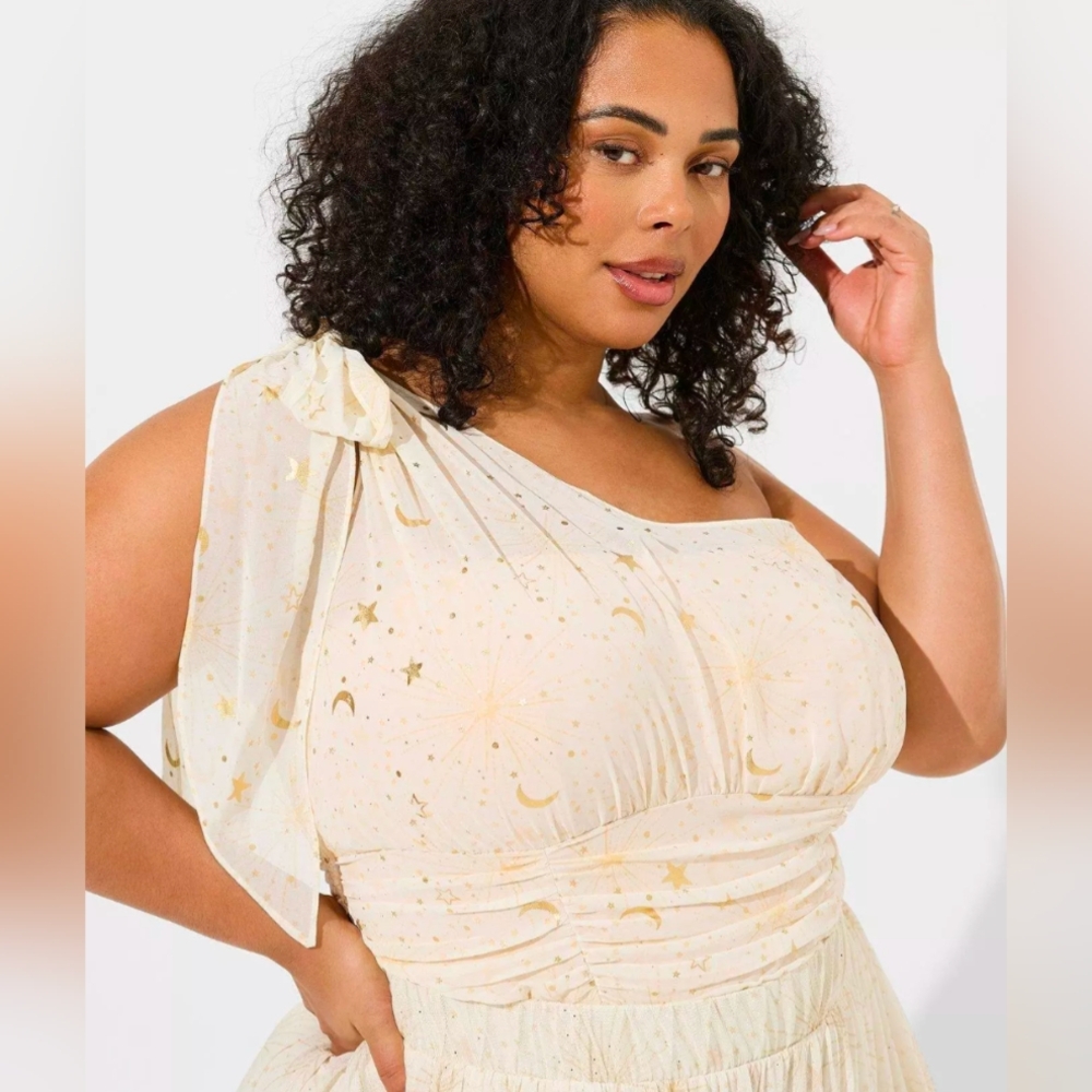 Torrid Women's 0 One Shoulder Celestial Top Gold Star Moon Print